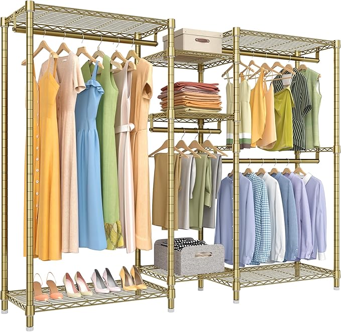 VIPEK Classic V6 Wire Garment Rack Heavy Duty Clothes Rack with 7 Adjustable Shelves & 4 Hanging Rods, Compact DIY Metal Clothing Racks 68.9" L x 15.7" W x 76.4" H, Max Load 840LBS, Gold