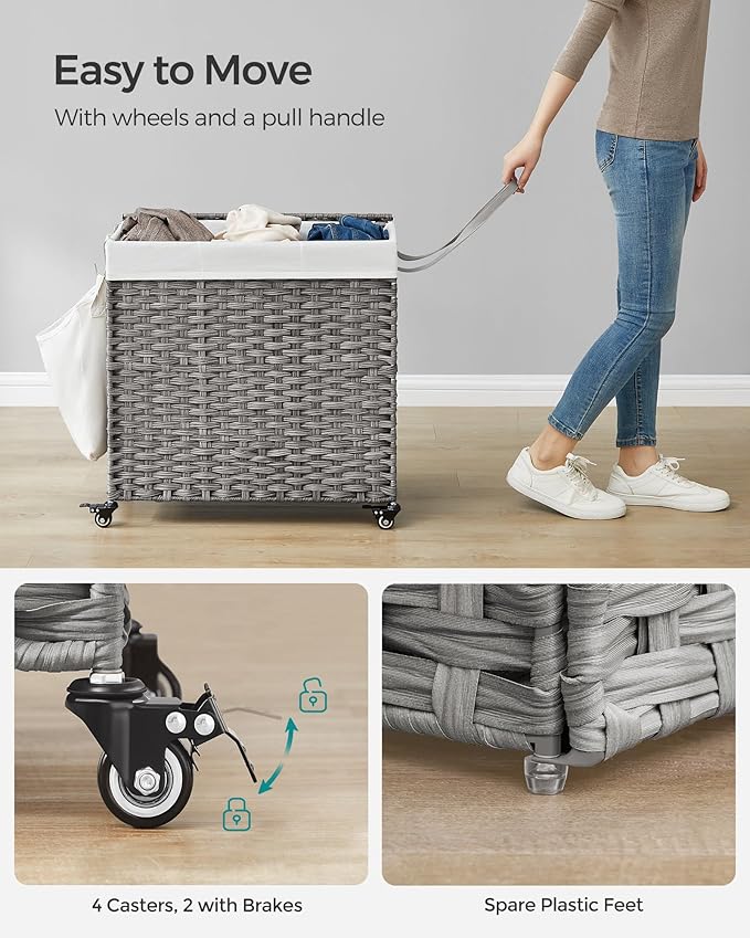 SONGMICS Laundry Hamper with Lid, 37 Gallons (140 L), Rolling Laundry Basket with Wheels, 3-Section Synthetic Rattan, Removable Liner, Bedroom, 26 x 13 x 26 Inches, Gray ULCB363G01