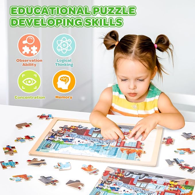 6-Pack Wooden Puzzles for Kids Ages 3-5, 60-Piece Construction Vehicle Set | Toddler Puzzles Ages 3-5, Preschool Puzzles with Wooden Jigsaw Boards for Fine Motor Skills, Shape Recognition and Travel