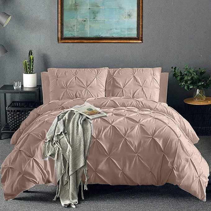 Pinch Pleated Duvet Cover Set 100% Cotton 3PC Queen Size 90x90 Duvet Cover Set, Decorative Pinch Design Taupe Duvet Cover with Matching Pillow Case