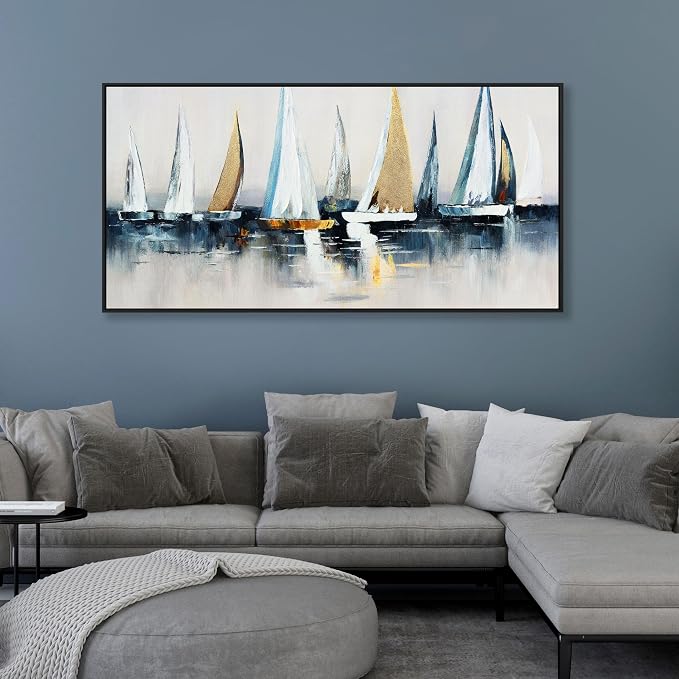 Abstract Wall Art Blue and White Sailboat Wall Paintings Framed Artwork