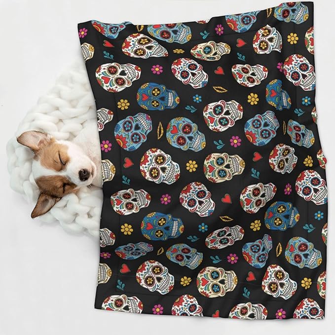 Reversible Plush Throw for Dogs and Cats, Day of The Dead Sugar Skull, Double Sided Blanket with Nubby Dot Side and Sleek Side Ideal for Cuddling Nesting Security