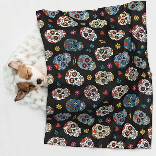 Double Sided Pet Mat for Dog Bed Topper Cat Blanket Furniture Protector, Day of The Dead Sugar Skull, Reversible Plush with Tactile Dot Pattern for Style Change