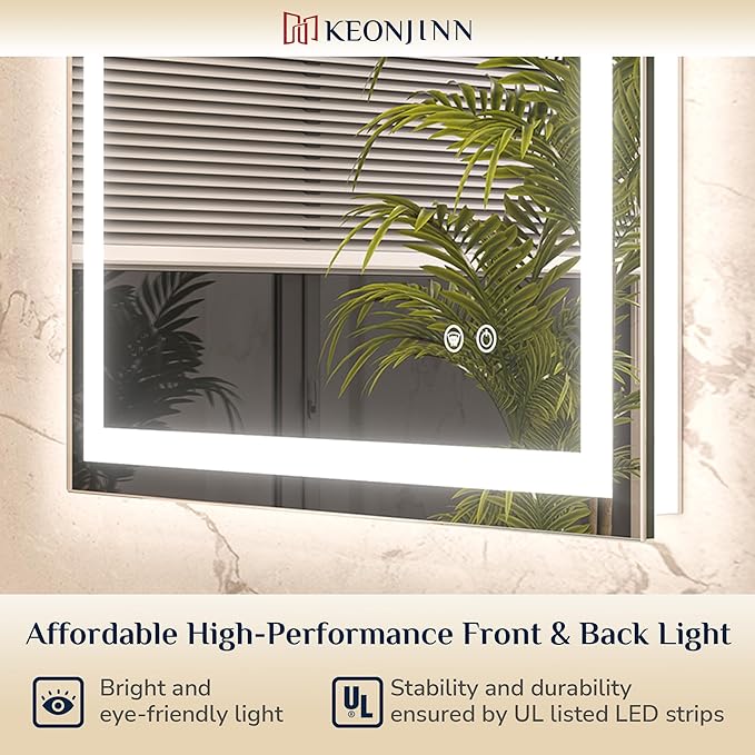 Keonjinn LED Bathroom Mirror 30 ” x 30 ” with Frontlit & Backlit, Lighted Mirror for Bathroom Wall with Dimmable 3-Color Lights, Anti-Fog Mirror with HD Tempered Glass, UL-Listed LED Driver