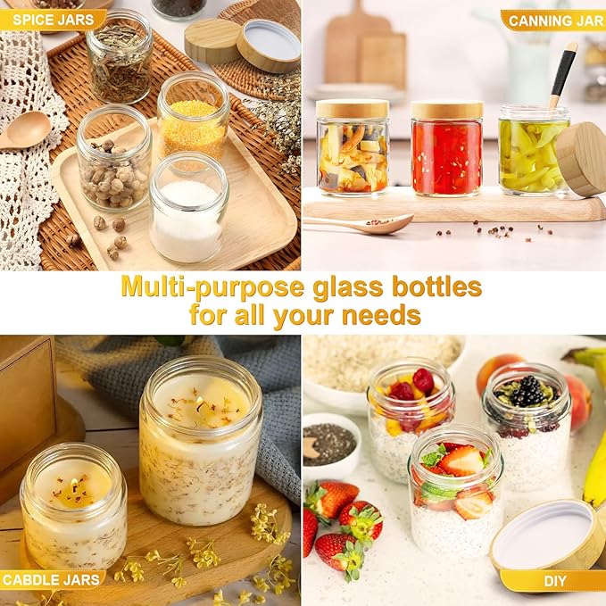 AISIPRIN Spice Jars with Label,12 Pcs 8oz Glass Jars with Bamboo Lids,Spice Organizer for Cabinet,Drawer, Rack, Seasoning Organizer Containers,Including 2 Type Labels