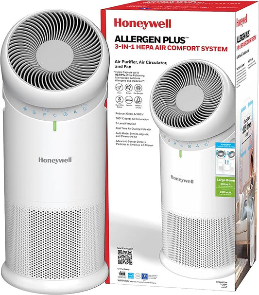 Honeywell Allergen Plus™ 3-in-1 HEPA Air Purifier for Home, Fan & Adjustable Airflow for Large Rooms up to 1928 Ft², Air Quality Sensor, Reduces Allergens, Pet Dander & Odors, HPA6000, White