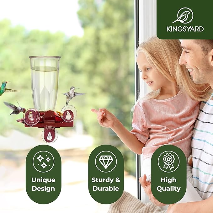 Kingsyard Window Hummingbird Feeder for Outside, 14 Oz Hummer Bird Nectar Feeder with 4 Feeding Ports & Circle Perch, Easy to Clean and Refill, Hummingbird Gifts (Transparent)