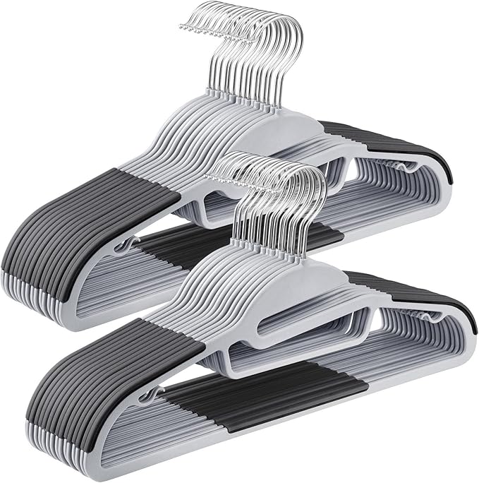 SONGMICS 30 Pack Coat Hangers, Heavy-Duty Plastic Suit Hangers, S-Shaped Opening, Space-Saving, 360º Swivel Hook, 16.3 Inches Wide, Light Gray and Dark Gray UCRP041G05