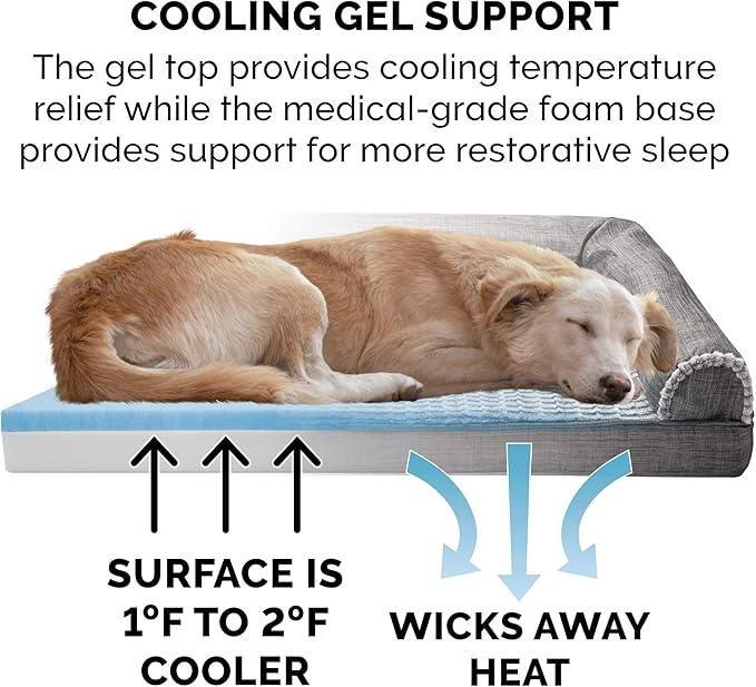 Furhaven Cooling Gel Dog Bed for Large/Medium Dogs w/ Removable Bolsters & Washable Cover, For Dogs Up to 55 lbs - Luxe Faux Fur & Performance Linen Sofa - Charcoal, Large