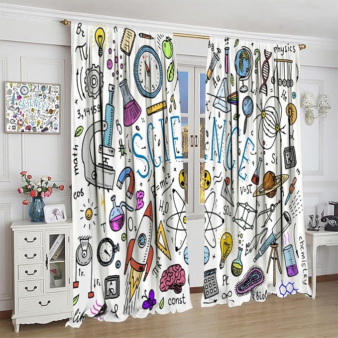 Science Symbols Kids Curtain Sketches Cartoon Chemistry Physics Geometry Education Pattern Print Window Drapes for Bedroom Living Room Kitchen Decor,2 Panel Set,42x63 Inch Blackout