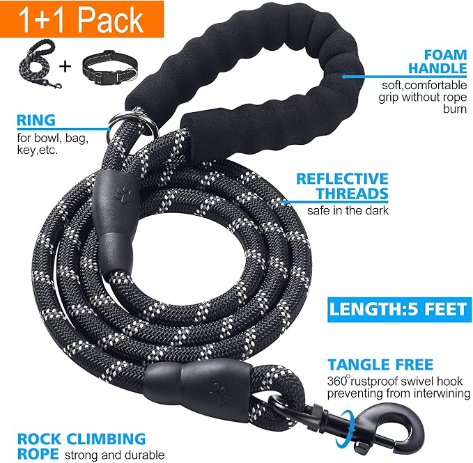 Reflective Dog Collar Padded with Soft Neoprene Breathable Adjustable Nylon Dog Collars for Small Medium Large Dogs (Large (Pack of 1), Black Collar+Leash)