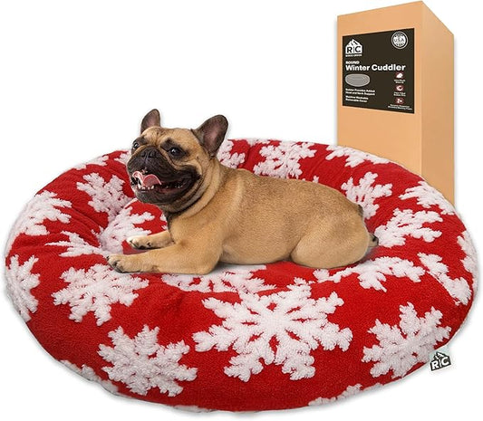 Round Couch Dog Bed for Pets (Snowflake Christmas Edition) Shredded Memory Foam Fill Base with Supportive Rounded Bolsters – Holiday Red/White (30 x 30 inch - Medium)