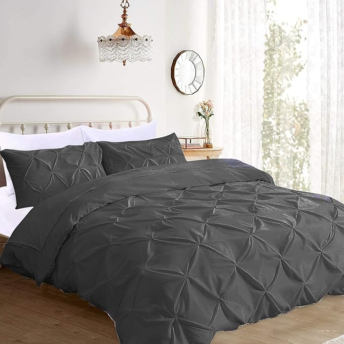 Pinch Pleated Duvet Cover Set 100% Cotton 3PC Super King Plus Size 120x120 Duvet Cover Set, Decorative Pinch Design Dark Grey Duvet Cover with Matching Pillow Case