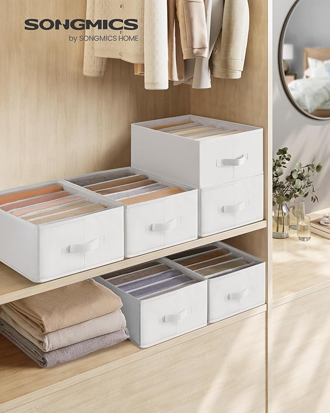 SONGMICS Set of 6 Large Size Wardrobe Clothes Organizers, 6-Compartment Foldable Drawer Organizers with Handles, 16.5 x 11.8 x 6.7 Inches, for Pants, Sweaters, Jeans, Cloud White URUS009W03
