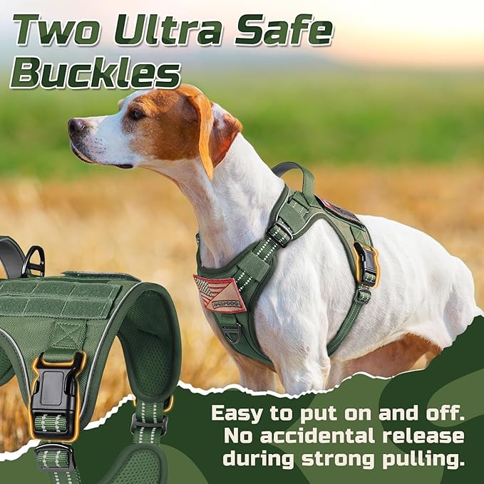 rabbitgoo Tactical Dog Harness for Large Dogs, No Pull Military Service Vest with Handle & Molle, Easy Control for Training Walking, Adjustable Reflective Straps, Green, L