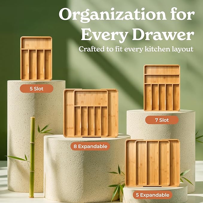 SMIRLY Silverware Drawer Organizer – Bamboo Kitchen Drawer Organizer, Adjustable Utensil Holder and Cutlery Tray, Drawer Dividers for Flatware and Kitchen Utensils