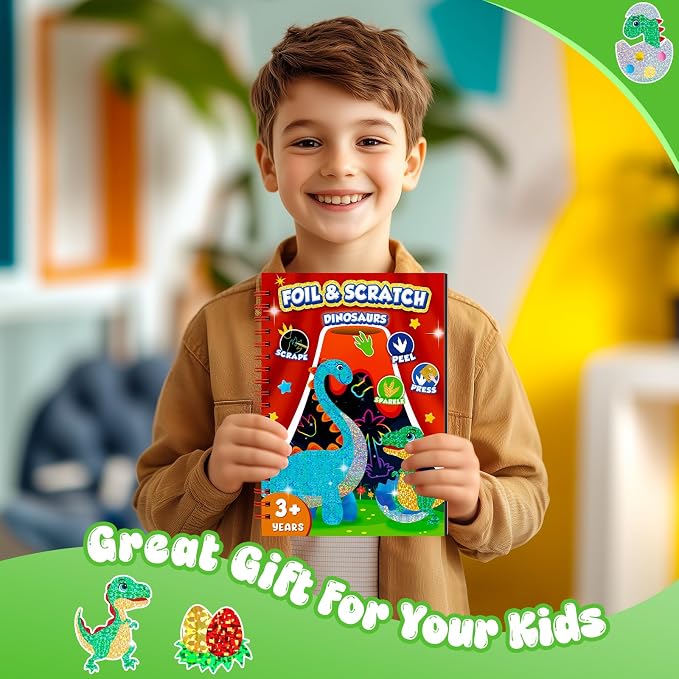 homicozy Art & Craft Activity for Kids - Foil Fun Dinosaurs & Scratch Art Book 2-in-1, No Mess Art Crafts for boys,DIY Creative Activity Kit,Gifts for Boys and Girls Ages 4, 5, 6, 7, 8, 9, Travel Toys