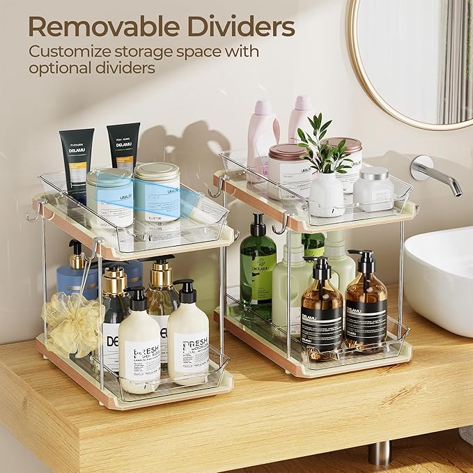 Delamu 2 Tier Under Sink Organizer Bathroom, Bathroom Cabinet Organizer with Snap-Lock Design and Hooks, Pull Out Storage with Movable Dividers, for Countertop, Kitchen and Pantry (Wood Grain, 4 Pack)