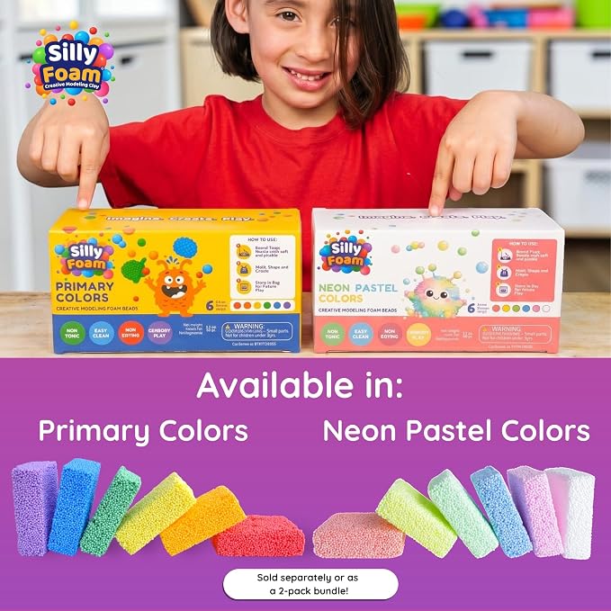 Silly Foam, Creative Modeling Foam Beads, 2-Pack of 6 Primary + 6 Neon Pastel Blocks, No-Slime No-Mess, Perfect for Preschool, Kids, Arts & Crafts, Sensory Play, STEM, Travel Toy, Non-Toxic (Age 3+)