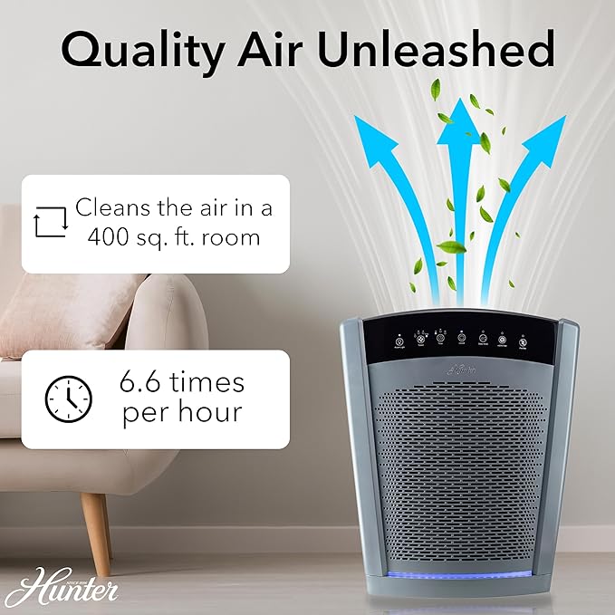 Hunter HP800 Air Purifiers for Home Large Room and Bedroom. True HEPA Air Purifier for Pets, Odors, Allergens, Smoke, Dust, VOC's. Value Bundle w/Extra Filter. Cleans 2585 Ft² per hour. Black