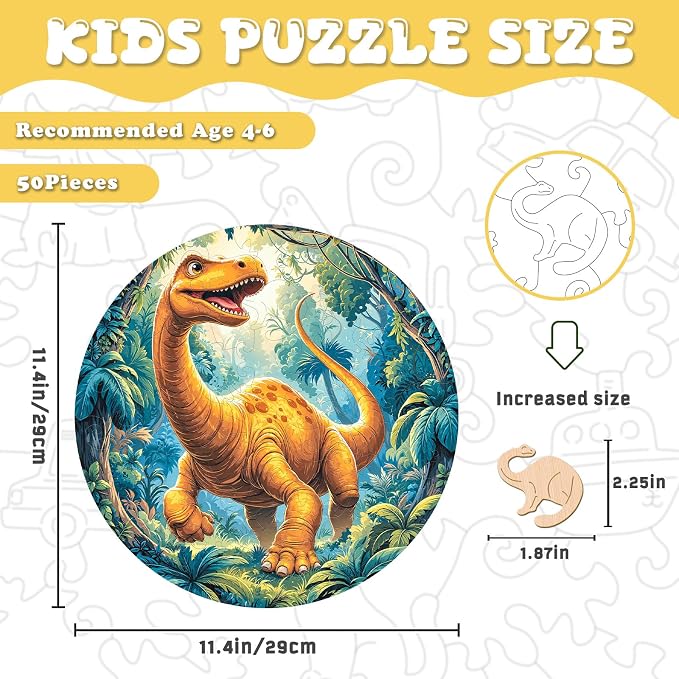 Dinosaur Wooden Puzzles for Kids - Diplodocus | 50 Piece Puzzles for Kids Ages 6-8, Kids Puzzles with Unique Animal Shapes, Round Gifts for Girls and Boys (11.4 * 11.4 in)