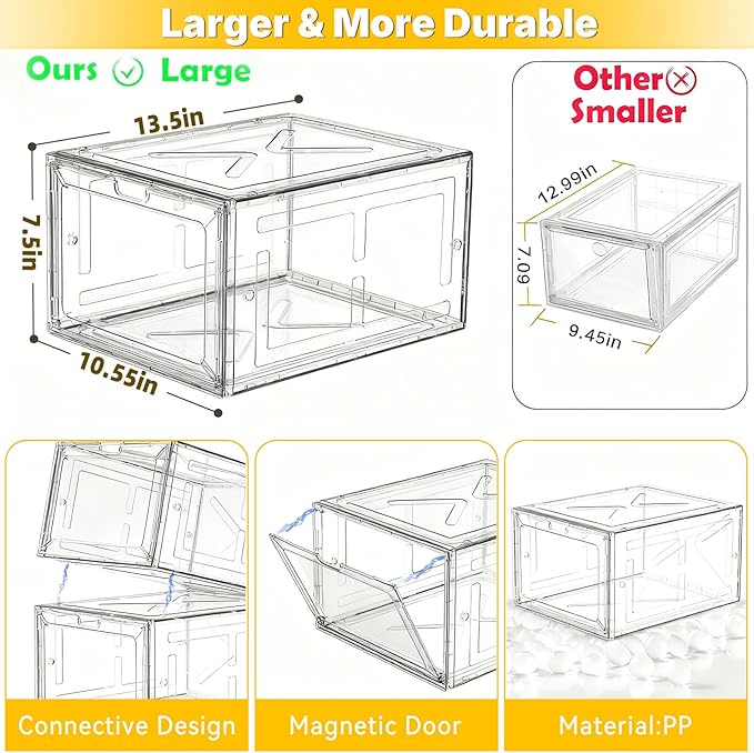 Thick & Sturdy Clear Shoe Boxes with Magnetic Front Door, Stackable Plastic Sneaker Storage Organizer for Closet, Space-Saving Foldable Shoe Containers for Boots & Heels, Durable Shoe Cabinet, 6 Pack