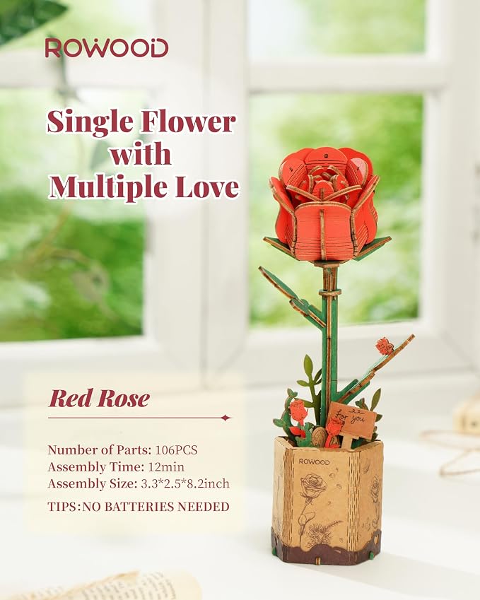 rowood 3D Puzzle Wooden Flower,DIY Artifical Flower Building Toy Set Craft Kit for Women,Mother's Day/Valentine's Day/Teacher's Day/Thanksgiving/Christmas/Birthday Choice-Red Rose