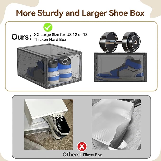 XX Large Clear Shoe Storage Box Organizer for Closet, 9 Pack Thicken Hard Plastic Stackable Shoe Sneaker Rack Display Case Container Bins Organizer, Easy Assembly, Grey
