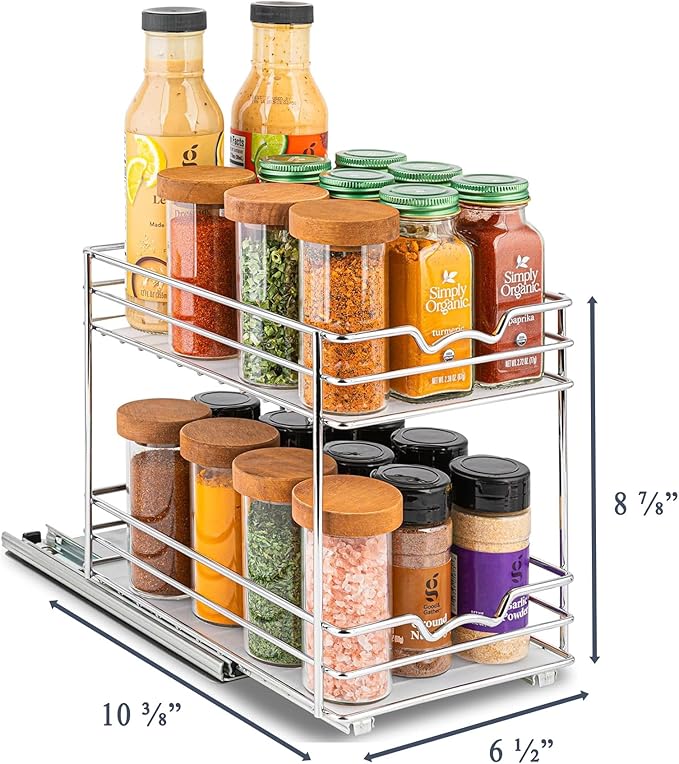 Pull Out Cabinet Organizer for Spices, Cans - Heavy Duty with Lifetime Limited Warranty- Pull Out Spice Rack- Cabinet Pull Out Shelf for Cans,Dishes, Etc, 6.-1/2"W x 10-3/8"D x 8-7/8"H, Chrome