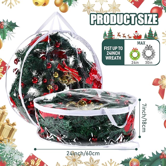 Zhengmy 20 Pcs 24 Inch Christmas Wreath Storage Bags Transparent Wreath Storage Container Bulk Wreaths Box with Dual Zippers and Handles for Xmas Holiday Wreaths Garland