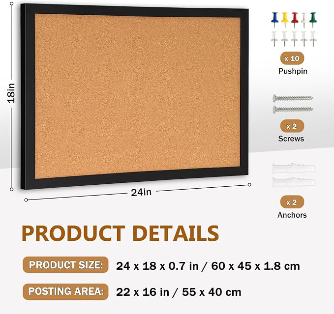 DOLLAR BOSS Cork Board for Wall 24" x 18" Bulletin Board for Wall