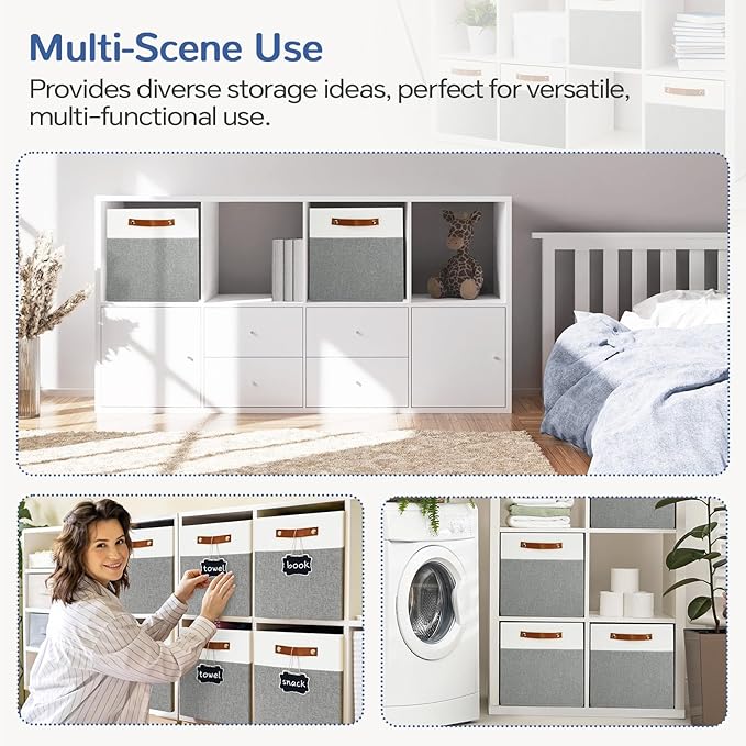 13x13 Storage Cubes 6-Pack, Large Foldable Fabric Cube Storage Bin with Reinforced Bottom and Labels, Organizer Baskets for Shelves, Closets(White/Gray)