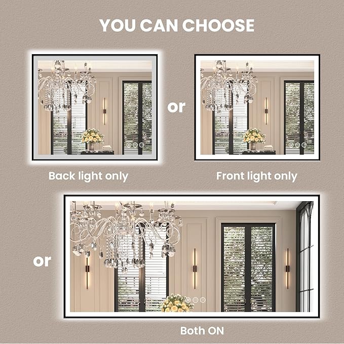 Amorho 72"x 32" LED Bathroom Mirror with Black Frame, Front Light and Backlit(Controlled Separately), Stepless Dimmable, Anti-Fog, Shatter-Proof, 3 Colors, Memory