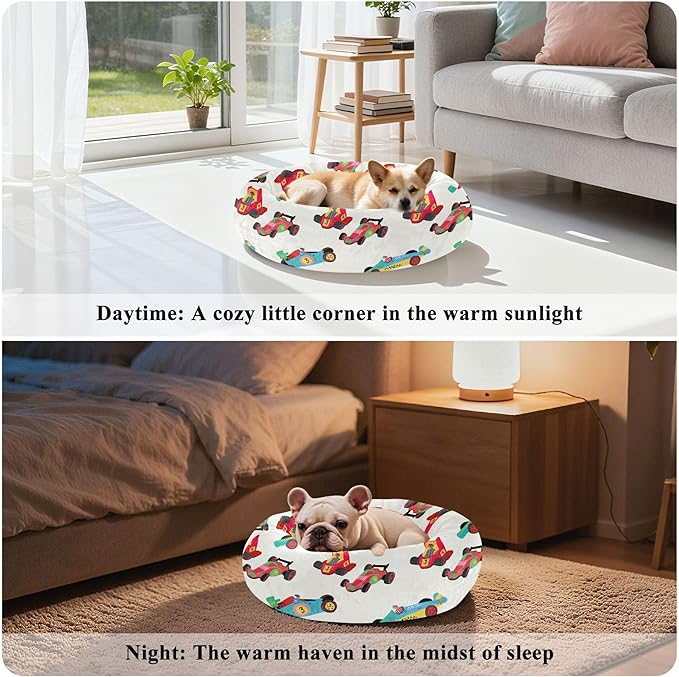 Dog Bed Race Cars Sleeping Pet Bed with Anti-Slip Bottom for Small Medium Dogs and Cats, Round Calming Sleeping Washable Puppy Beds 13 in