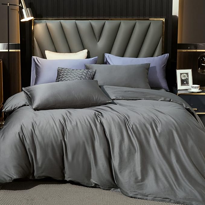 MooMee Duvet Cover Set 100% Extra Long Staple Cotton 600 Thread Count Silky Sateen Smooth Luxury Soft Breathable Durable Hotel Quality Bedding, 3 Pieces (Dark Gray, King 104"x90")