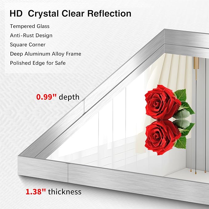 Silver Bathroom Mirror, 36x55 Inch Rectangular Deep Frame Mirror, Large Wall Mounted Bathroom Vanity Mirror Over Sink for Bedroom,Restroom, Living Room, Hangs Vertically or Horizontally