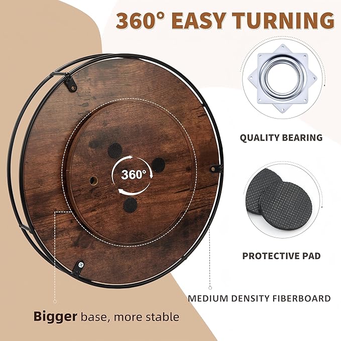 9 Inch Wood Lazy Susan Turntable for Table, Kitchen Rustic Brown Turntable Organizer with Steel Frame, 360 Degree Decorative Turntable for Countertop Cabinet or Centerpieces