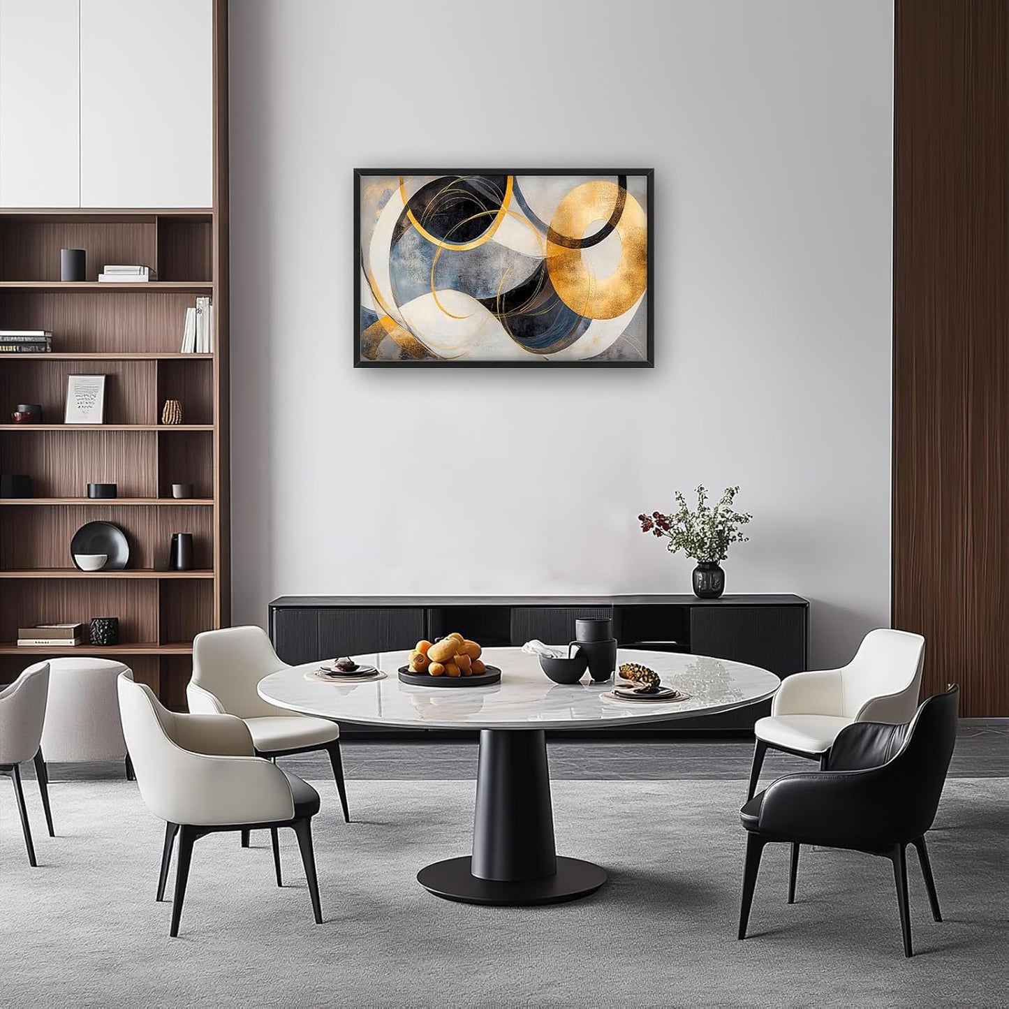 Large Abstract Wall Art for Living Room, Oversized Abstract Circle Wall Decor, Black and Golden Abstract Canvas Painting Modern Artwork Home Decoration for Living Room Bedroom Office Framed 36"x24"