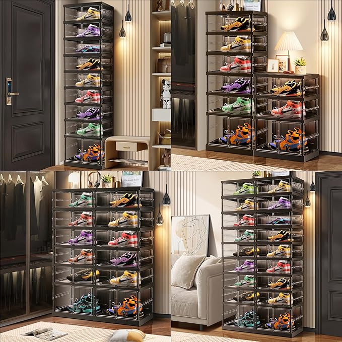 CIMLORD 3 Tier Foldable Shoe Rack for Closet Entryway 3-6 Pairs Stackable Clear Shoe Storage Boxes with Lids Small Shoes Shelf with Door Plastic Organizer Cabinet Easy Assembly Black