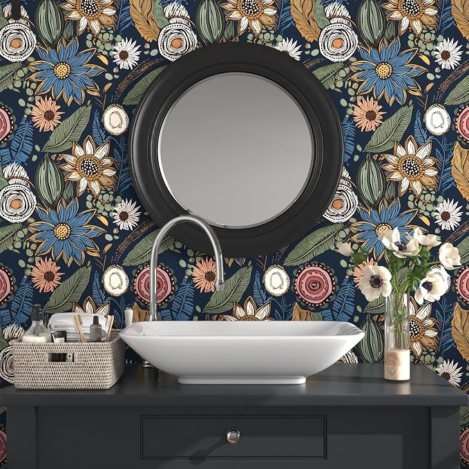 Boho Wallpaper Peel and Stick, Dark Vintage Floral Contact Paper, 17.5" x 197"