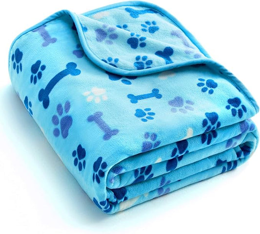 Allisandro Luxurious Dog Blanket, 350 GSM Super Fuzzy Microplush Fleece Pet Blankets for Small Medium Large Dogs and Cats, Blue Paw and Bone, 32" x 24"