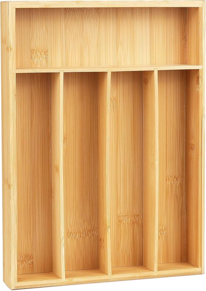 LotFancy Bamboo Kitchen Drawer Organizer, 9.5 Inch Silverware Tray for Small Drawer, Utensil Organizer for Cutlery, Fork, Spoon Storage (5 Slots, Natural)