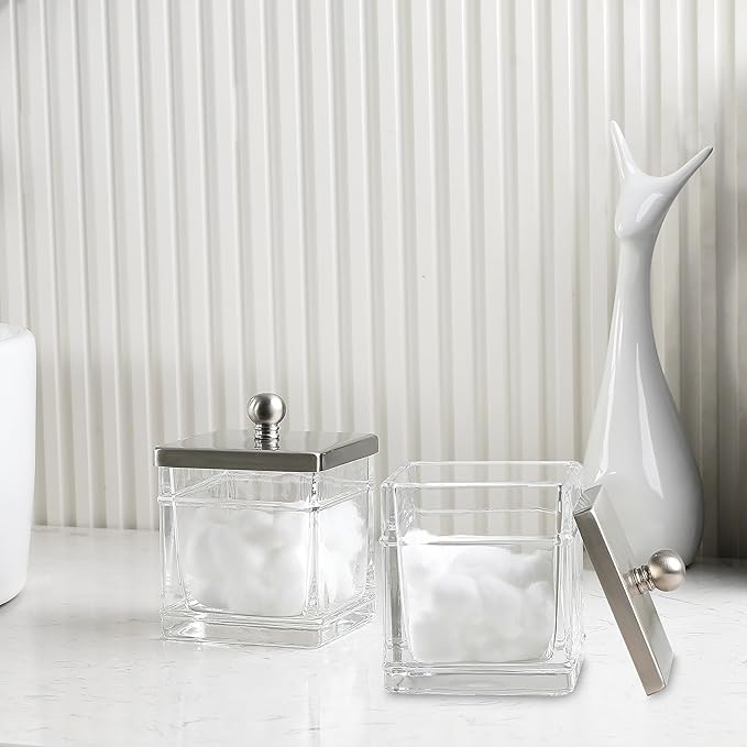 Glass Cotton Jar Holder 2 Pack– Satin Nickel Lid, Elegant Bathroom Storage Canister for Qtips, Cotton Balls, Floss, Makeup Organizer, Vanity & Bathroom Organization