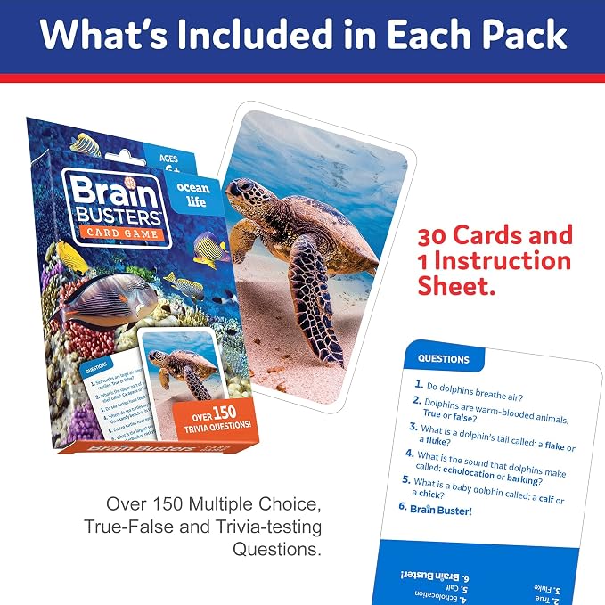 Brain Busters Trivia Card Set, Family Knowledge Cards Bundle with 120 Flash Cards - Multiple Choice Topics Including Environment, Sports, Ocean Life and Nature (Ages 6+)