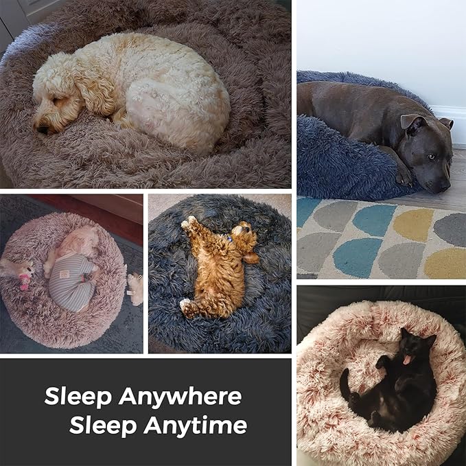 Calming Dog Bed & Cat Bed with Anti-Slip Bottom, Medium Size Washable Anti-Anxiety Donut Dog Beds for Medium Dogs, Fluffy Plush Cozy Round Dog Bed(27 Inch, Light Grey)