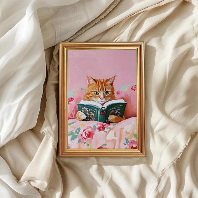 Fantasy Artists Gold Framed Wall Art Prints, Cute Orange Cat Reading a Green