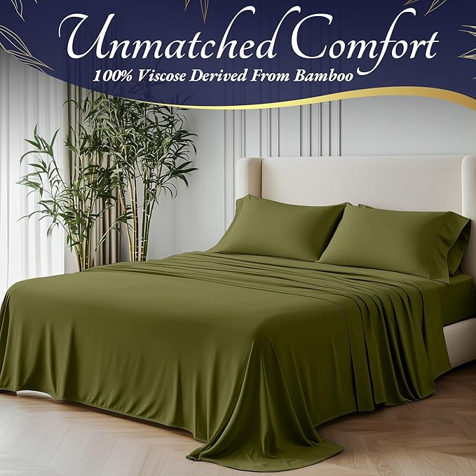 DECOLURE 100% Viscose Derived from Bamboo Sheets Queen Size 4pcs - Ultra Soft & Luxuriously Cooling, 17" Deep Pocket, Double Stitching,Perfect for Hot Sleepers - Queen Bed Sheets (Light Olive)