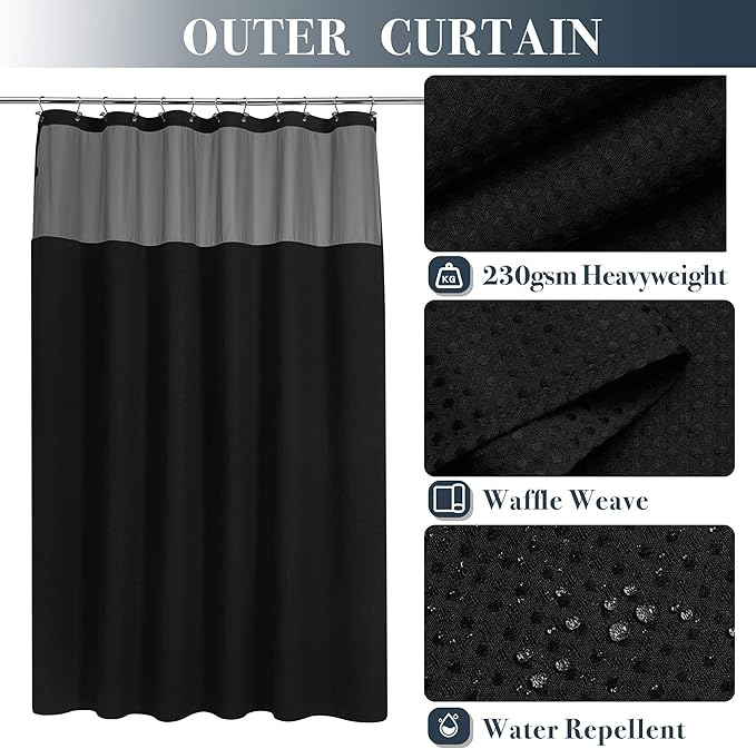 N&Y HOME Extra Long Waffle Weave Shower Curtain with Snap-in Fabric Liner Set, 12 Black Hooks Included - 71" x 84", Hotel Style, Mesh Top Window, Machine Washable & Water-Repellent - 71x84, Black