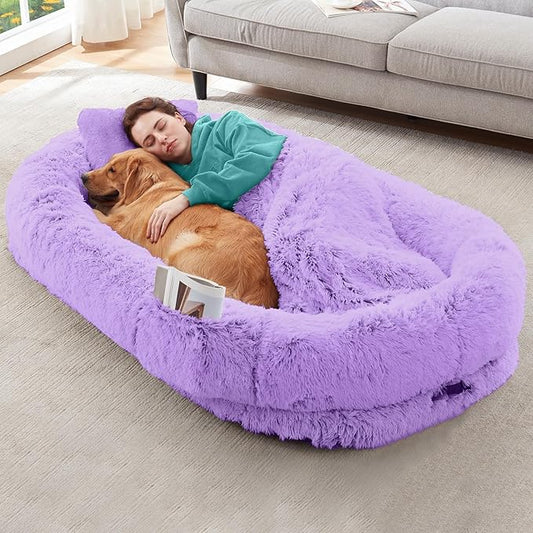 YAEM Human Dog Bed for Adult and Pets - 71"x45"x12" Dogs Beds for Humans with Washable Faux Fur Cover, Plump Pillow, Blanket, Orthopedic Design, Strap-Purple