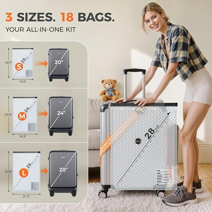 Nicetree 18-Pack Wireless Vacuum Seal Bags with Rechargeable Pump | 3 Sizes (20/24/28 Inch) Travel Vacuum Storage Bags for Clothing, Bedding & Seasonal Storage | Space Saver for Luggage